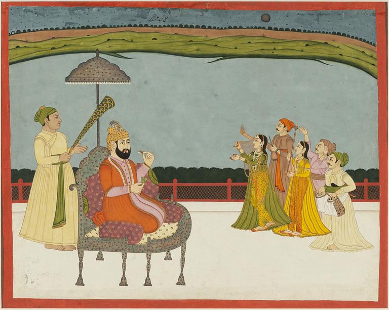 Målning, färgpigment och guld på papper. Norra Indien, omkring 17/1800-tal.