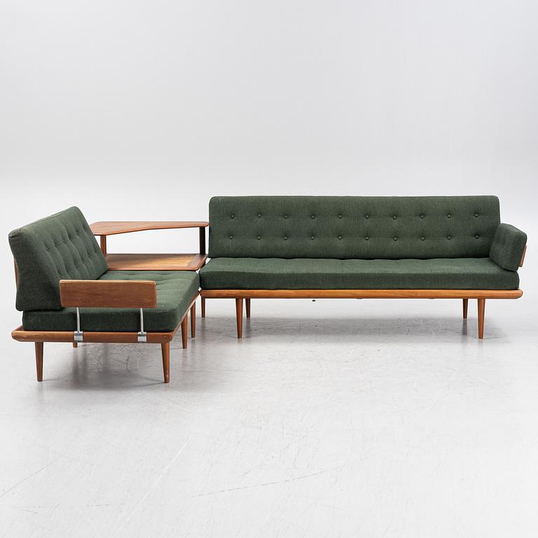 Peter Hvidt & Orla Mølgaard  Nielsen, a three piece 'Minerva' sofa group with table, FRance & Son, Denmark, 1960's.