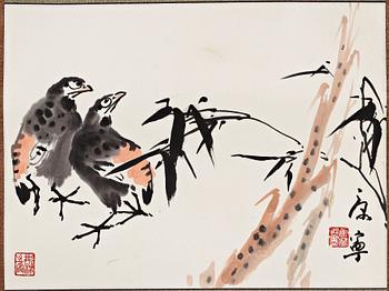 718. A hanging scroll, ink and colour on paper, signed Kang Ning (1938-).