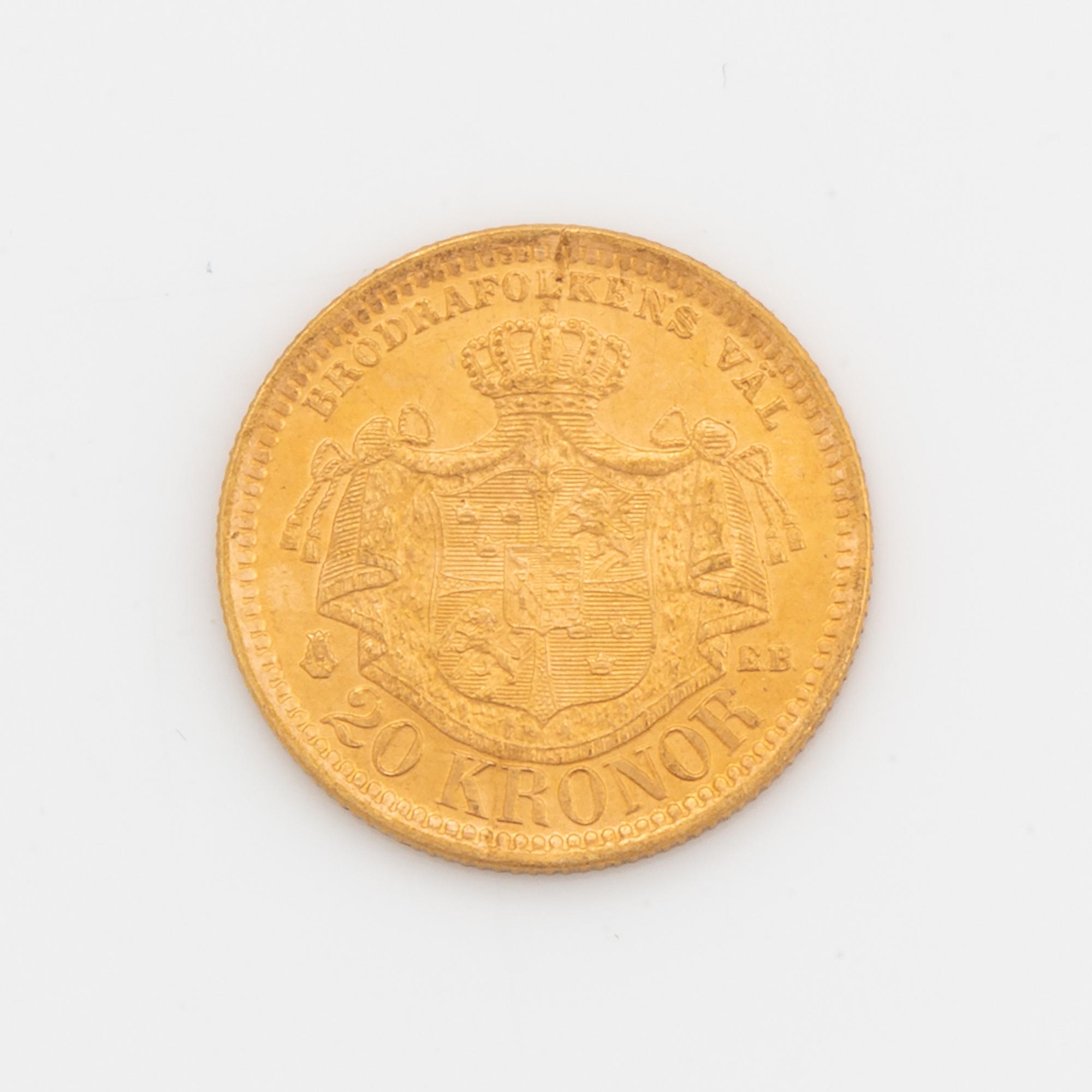 Oscar II, guldmynt, 20 kr, 1886, Typ III.