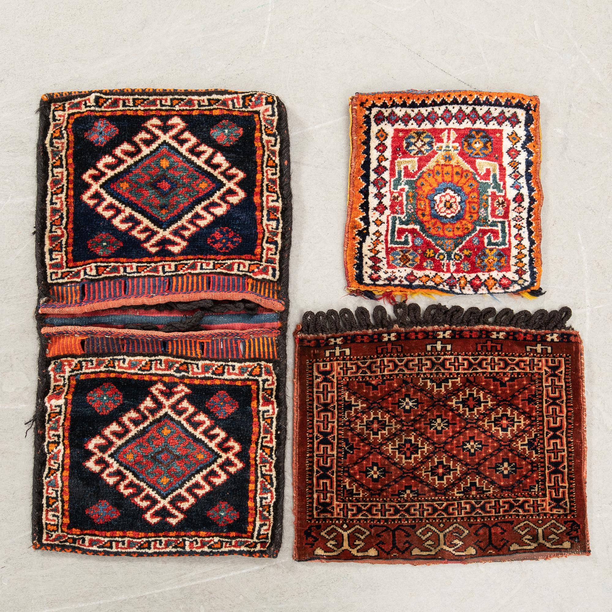 Väskor Khorjin 3 st, Bachtiari Turkmensk, Kashgai semiantika ca 38x47 cm, 32x32 cm och 76x42 cm.