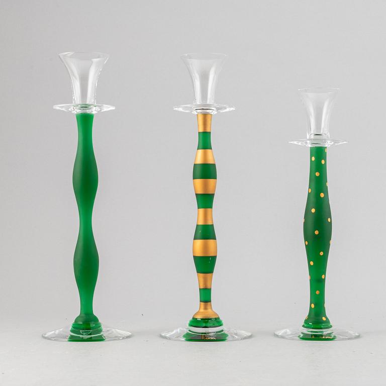 Anne Nilsson, three 'Celeste' glass candlesticks from Orrefors.