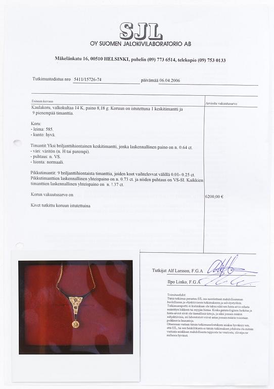 Kaulakoru, 14K valkokultaa, briljanttihiottuja timantteja yht. noin 1.37 ct. Suomalaiset tuontileimat 1988.