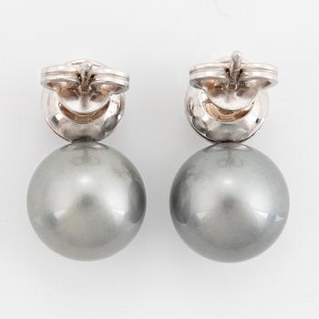 Cultured Tahiti pearl earrings with brilliant-cut diamonds.