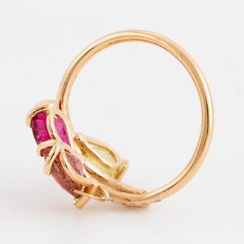 Multi-coloured tourmaline and brilliant-cut diamond spray ring.