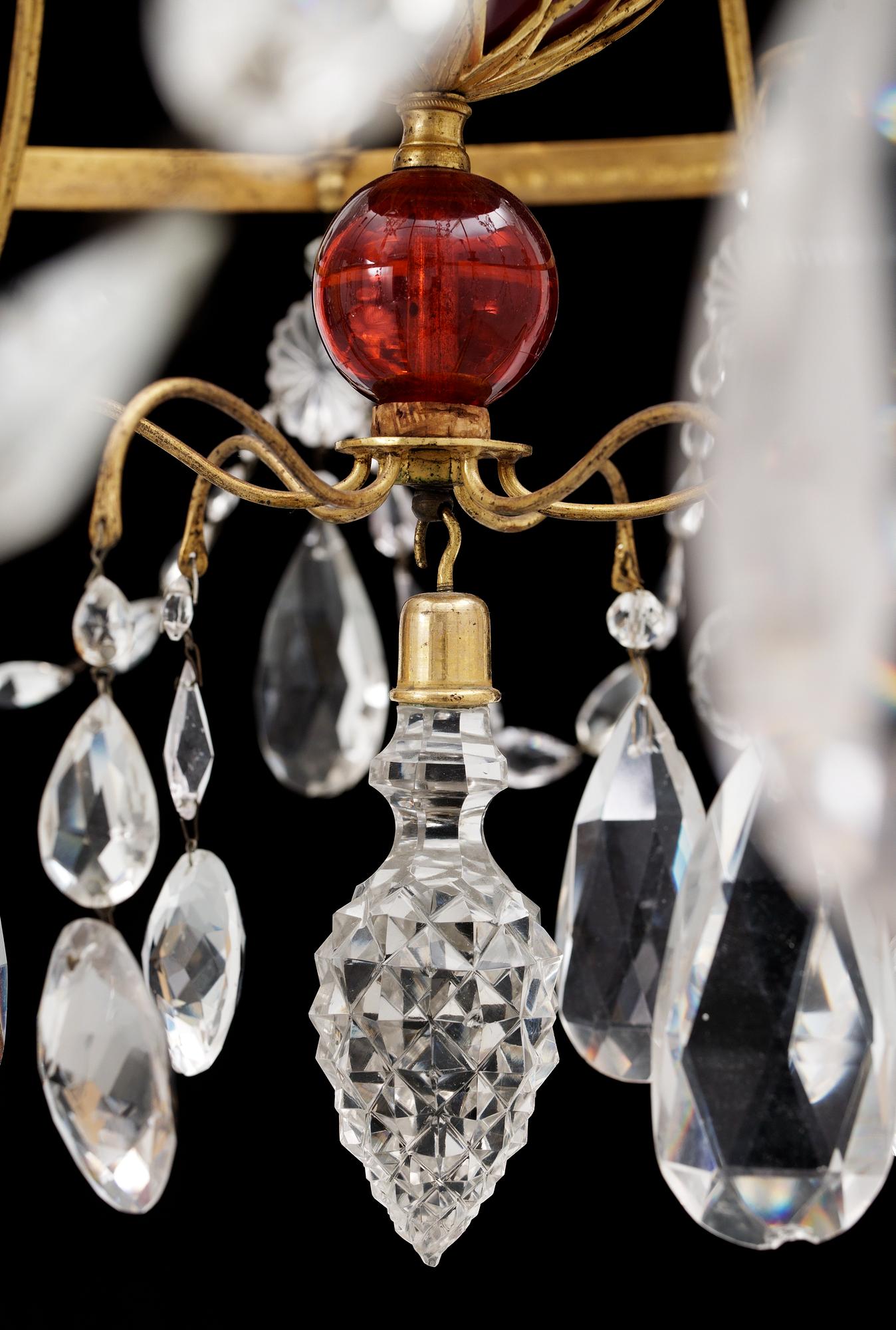 A six-light chandelier by Fischer, St Petersburg 1797. Signed "FECIT I A S FISCHER ST PETERSBURG 1797".