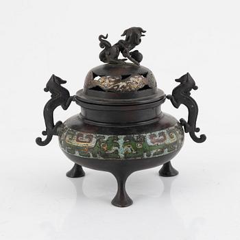 A Chinese bronze and cloisonné censer with cover, Qing dynasty, 19th century.