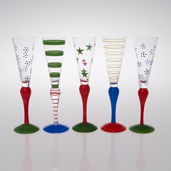 A set of five 'Clown' champagne glasses for Orrefors, Sweden.