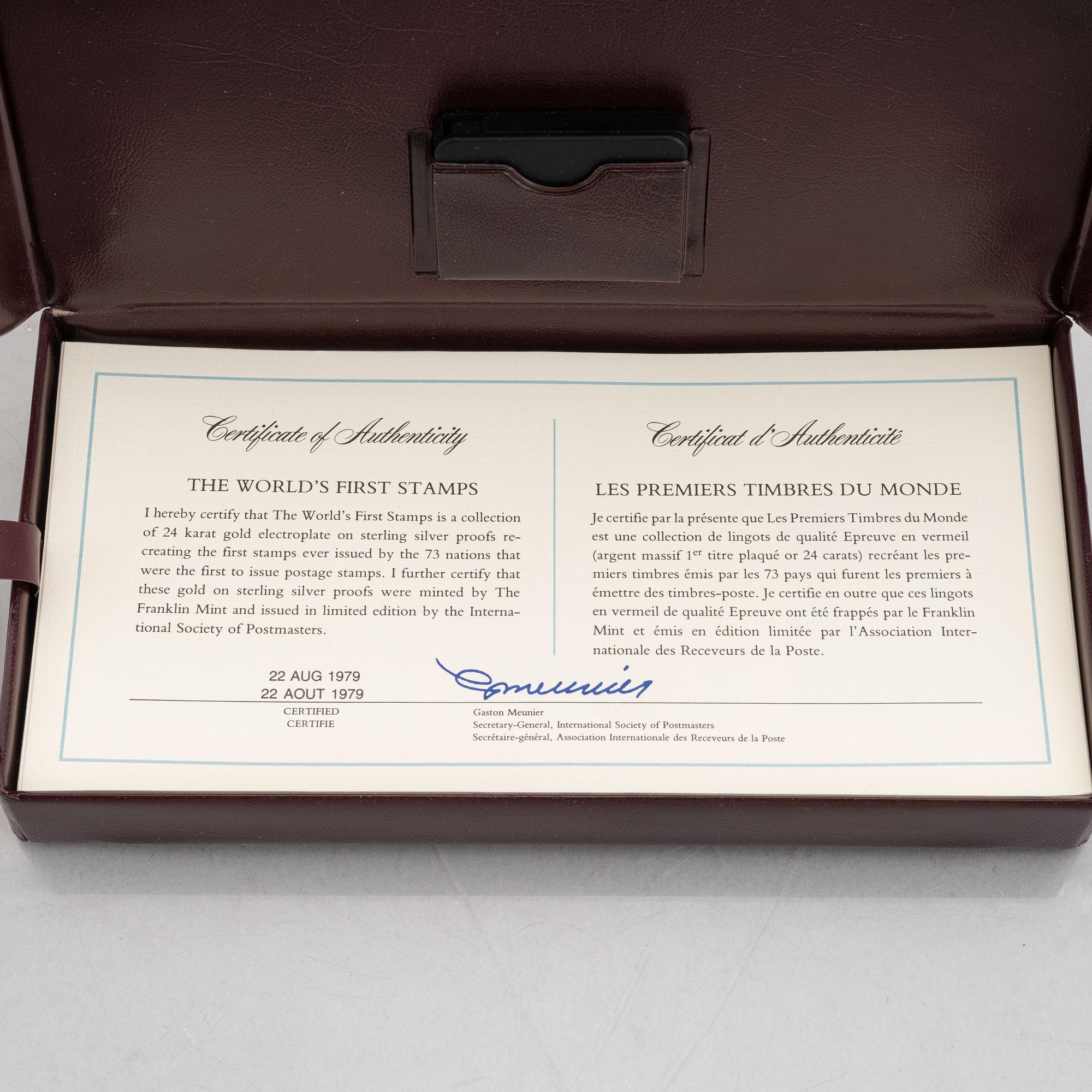 Franklin Mint, frimärksavbildningar, 73 st, förgyllt silver, "The world's first stamps", 1979.