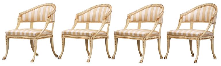 Four (3+1) late Gustavian armchairs by E. Ståhl.