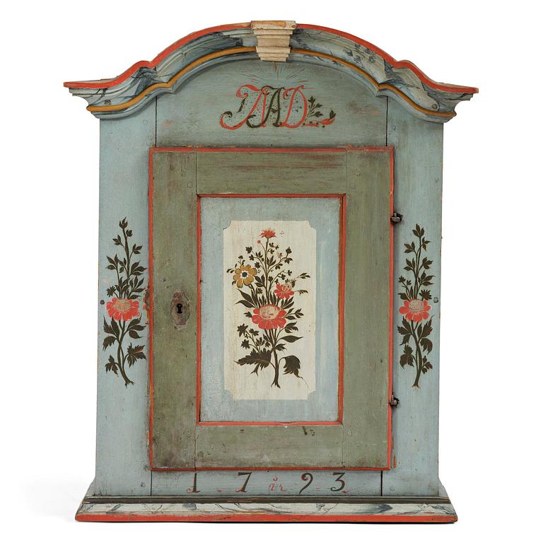 Hängskåp, allmoge, målat av Jöns Månsson, Forsa, Hälsingland, daterat 1793.