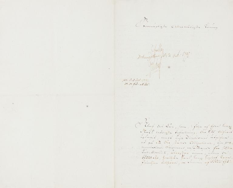 Autograf, Kung Gustav III, Drottningholms slott, 31 oct, 1791. Proveniens: Prof. Torsten Eklund.