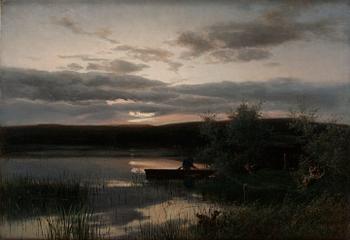 1216. Insjölandskap med fiskare i kvällsljus.