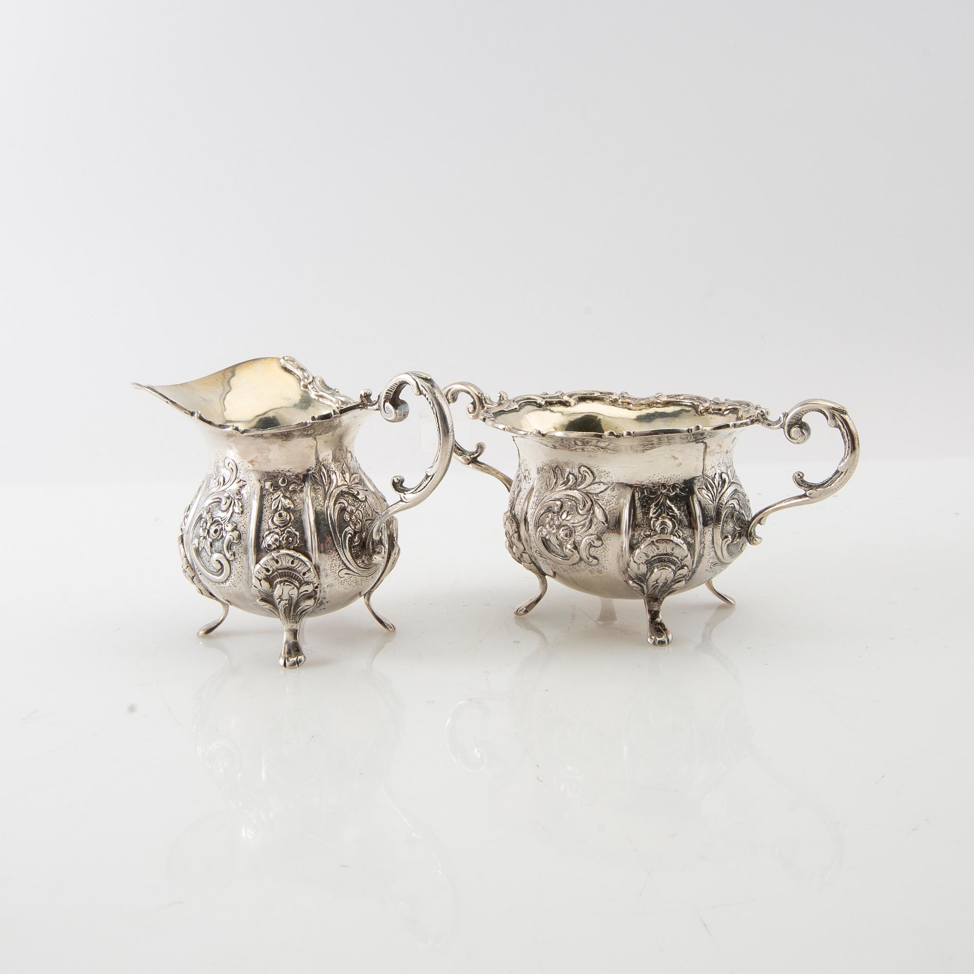 Cream jug and sugar bowl, silver, Swedish import marks, Rococo style, first half of the 20th century.