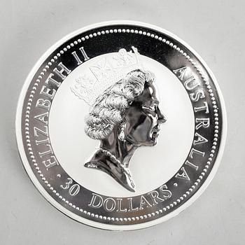 MINNESPLAKETT, silver, 30 dollars, The Australian Kookaburra, 1997. Vikt 1 kilo.