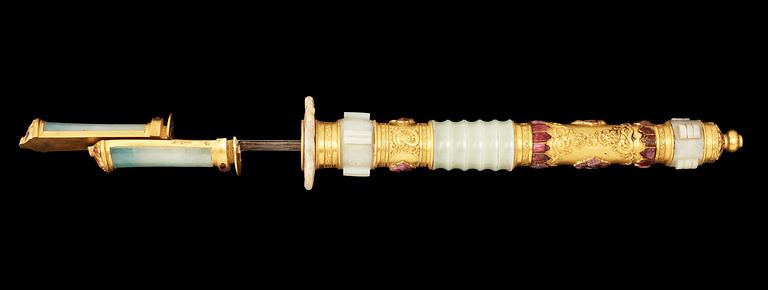 A gilt jade-mounted ceremonial double sword and scabbard with inlaid 'Gems', Qing dynasty.