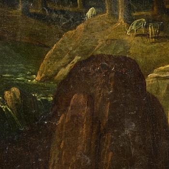 Tobias Verhaecht, Wide landscape with Herse and her maidservants discovered by Mercury on the way to the Temple of Minerva.