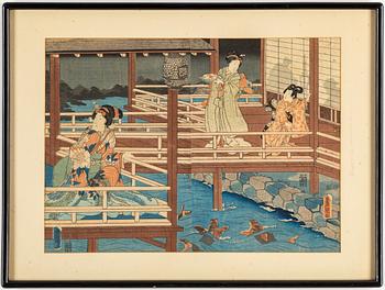 UTAGAWA KUNISADA (TOYOKUNI III, 1786–1864) samt TOYOHARA KUNICHIKA (1835–1900), färgträsnitt samt del av triptyk, Japan.