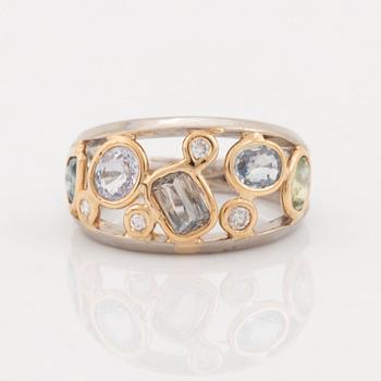 Multi colooured sapphire and brilliant cut diamond ring.