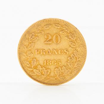 Gold coin 20 francs 1865 Belgium Leopold I.