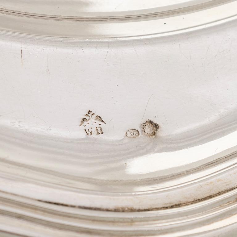 A silver serving platter, and six similar coasters, Austria-Hungary 1867-1922 and Czechoslovakia 1949-1962.