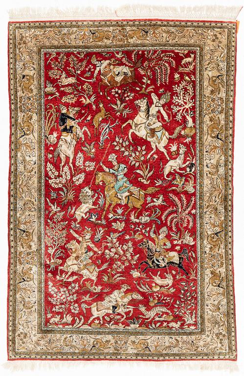 A rug, old/semi-antique silk Quum, ca 206 x 137 cm.