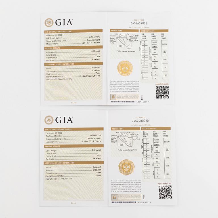 Örhängen, med  briljantslipade diamanter 0.61 ct, "triple x" med GIA dossier.