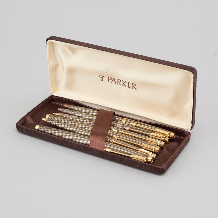 Six silver pens from Parker, USA, partly gilded, 20th century.