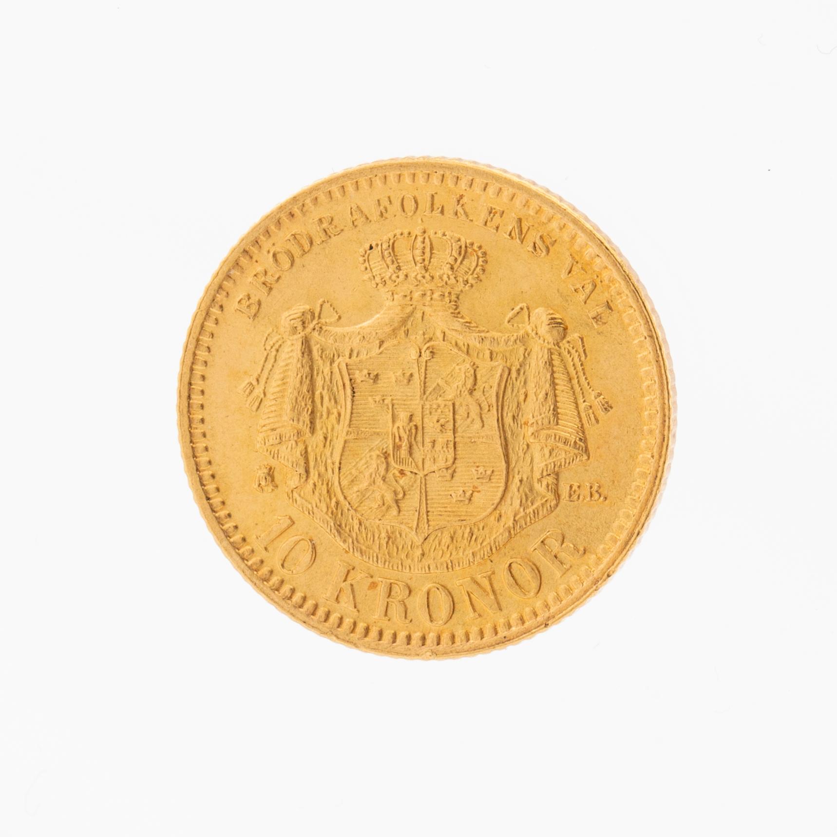 Gold coin 10kr Oscar II, Sweden and Norway 1883.