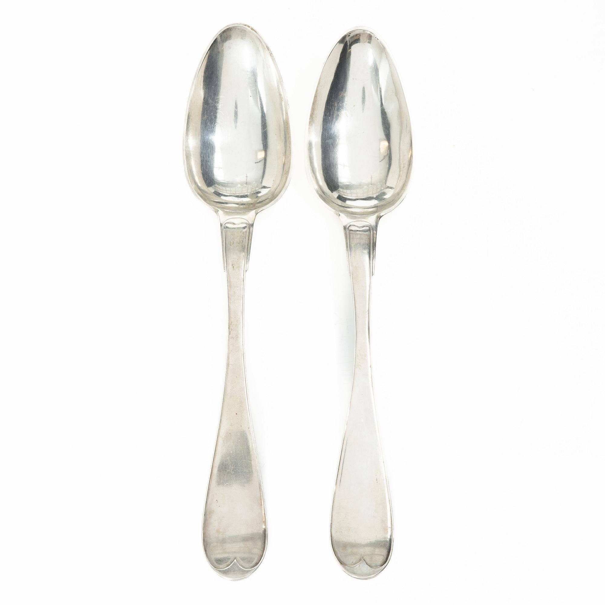A pair of Swedish silver serving spoons, mark of Anders Theodor Barkman, Varberg 1830.