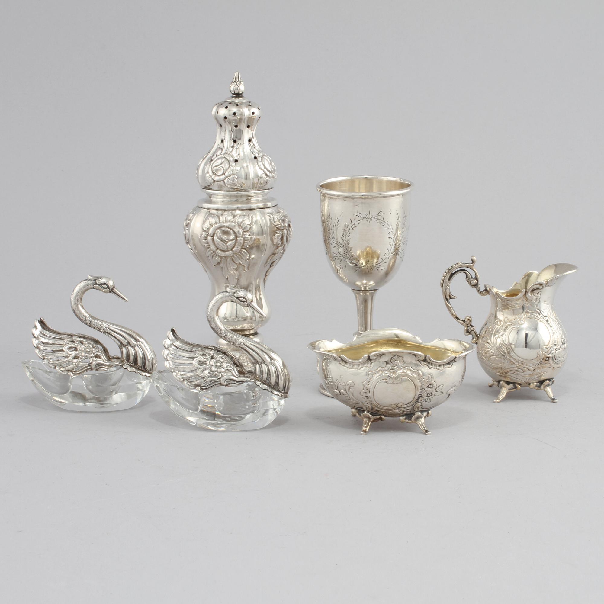 PARTI SILVER, 6 delar, bl a Sverige och England, 1900-tal. Total vikt ca 564 g.