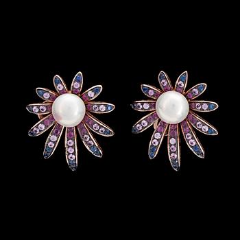 EARRINGS, pink and blue sapphire with cultured pearls.
