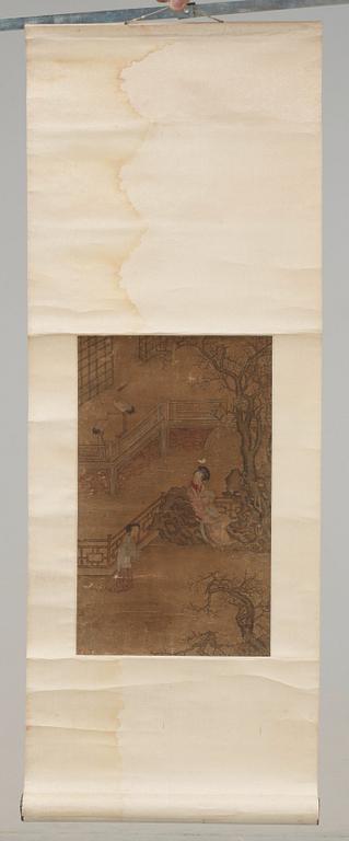 A hanging scroll of a court lady with attendant in a garden, Qing dynasty, presumably 18th Century.