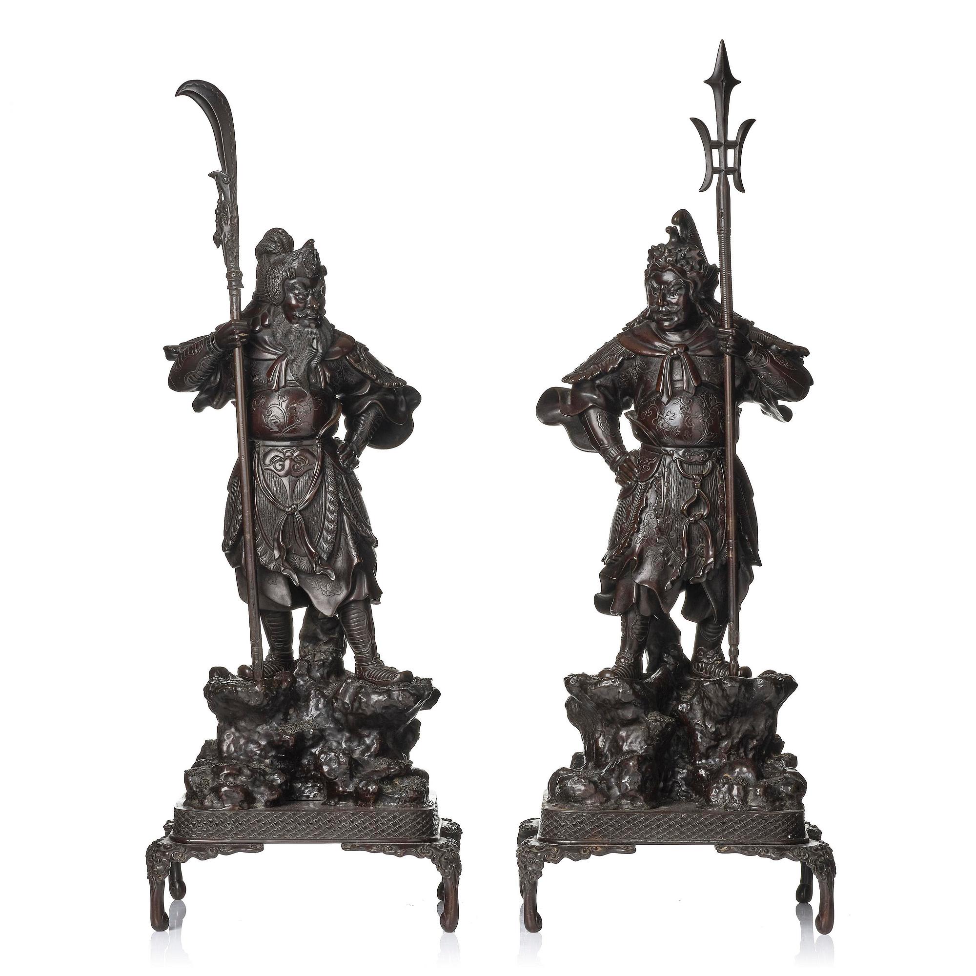 A pair of Japanese bronze guardians, Meiji period (1868-1912).