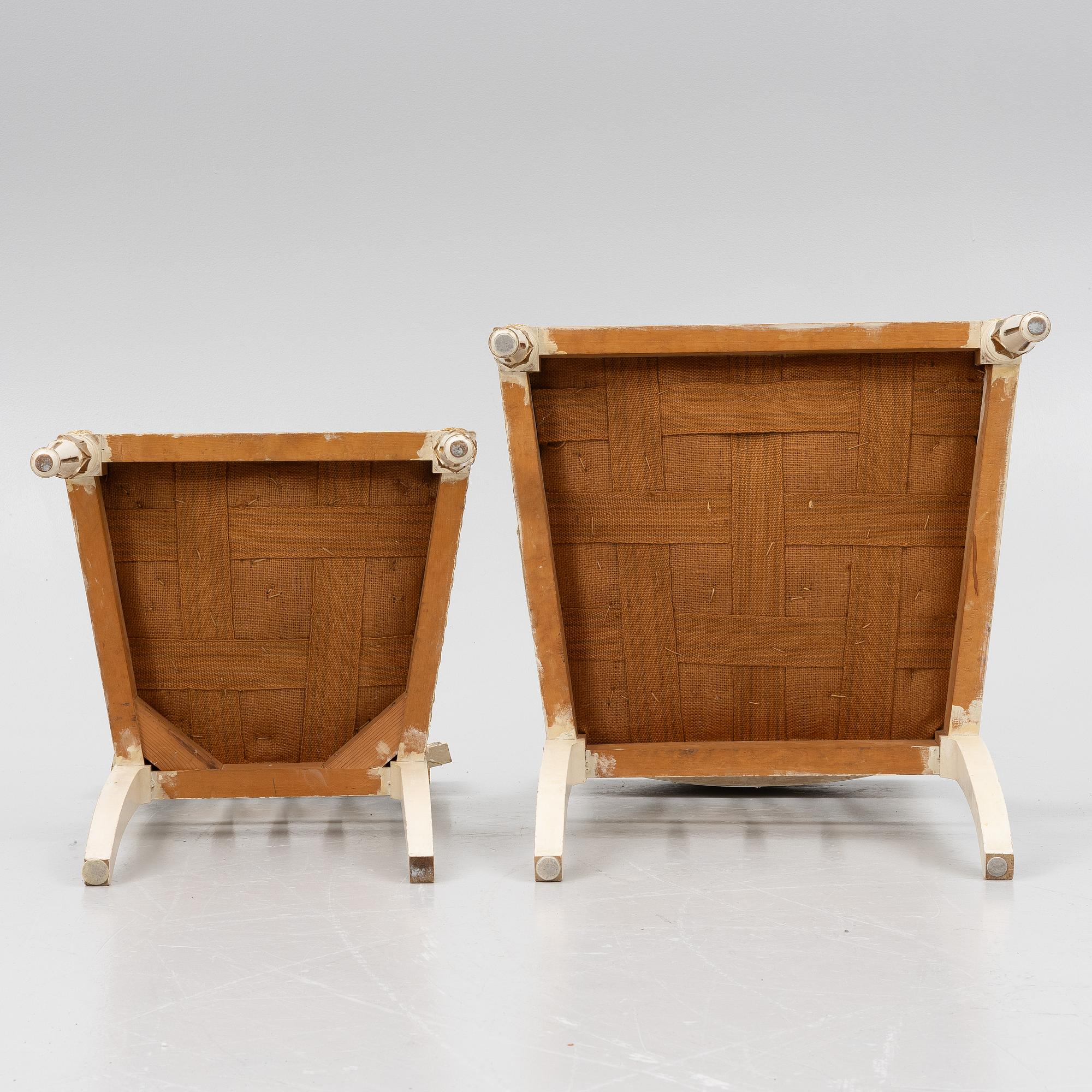 A pair of chairs and an armchair, late Gustavian style, early 20th century.