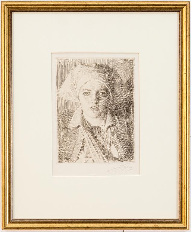 ANDERS ZORN, etching "Gulli II", dated 1918 and monogram signed on the plate. Signed with pencil.