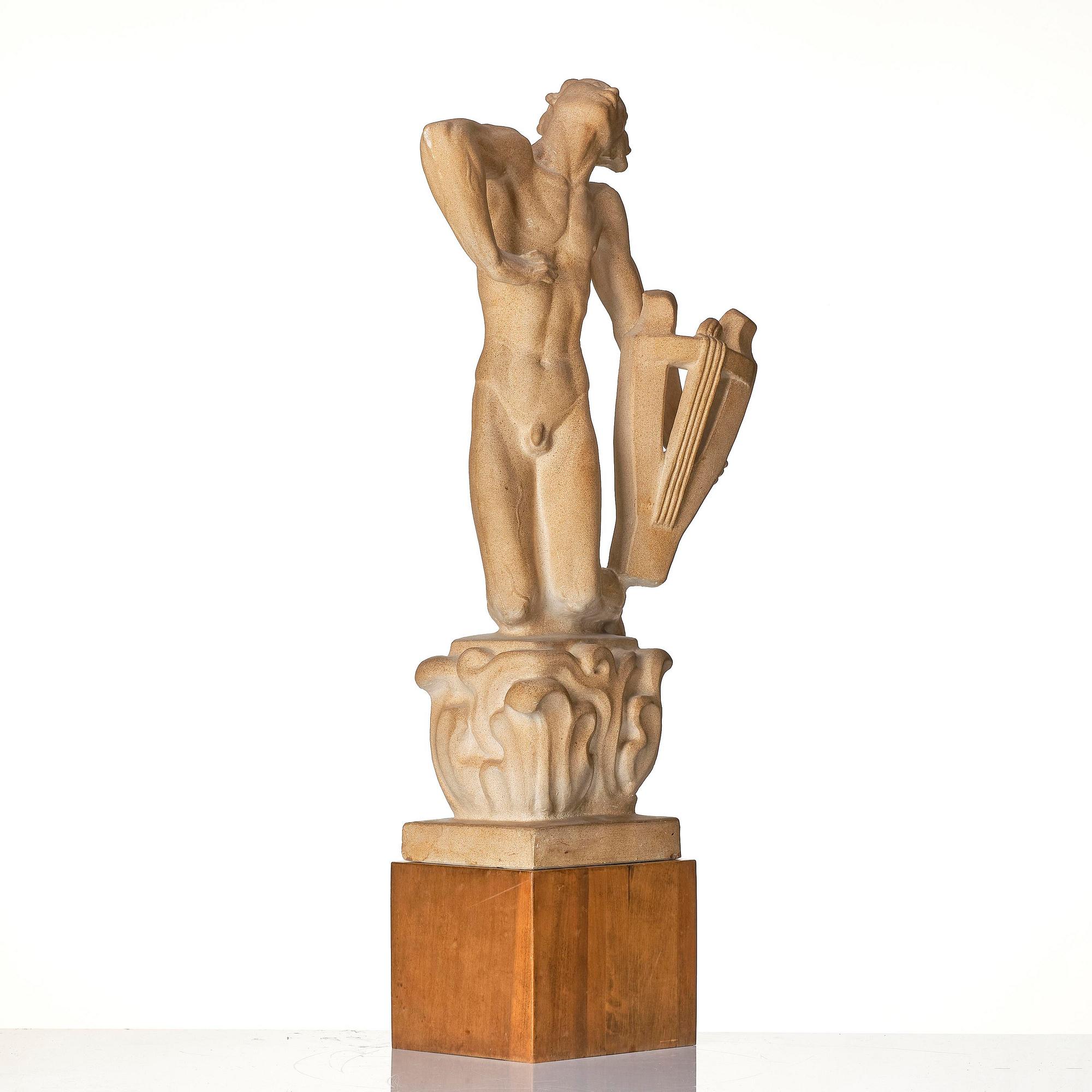 John Lundqvist, skulptur, lyrspelare, patinerad gips, daterad 1928.