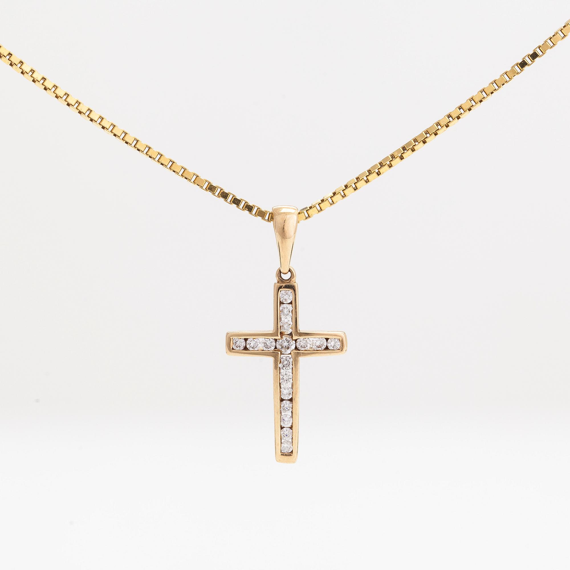 Halsband/ hänge, kors, 14K guld med diamanter tot. ca 0.19 ct.