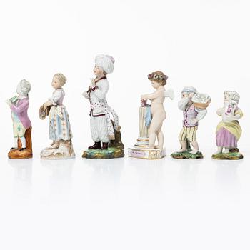 Six porcelain figurines, including Meissen and Höscht, Germany, 19th-20th century.