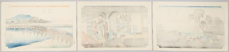Ando Utagawa Hiroshige, after, three prints from "The Fifty-Three Stations of the Tōkaidō", 20th century.