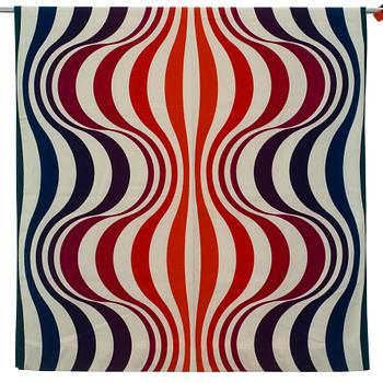 GARDINLÄNGDER, 2 st samt PROVBITAR, 3 st, bomullskretong, Verner Panton för Mira-X. 1970-tal.