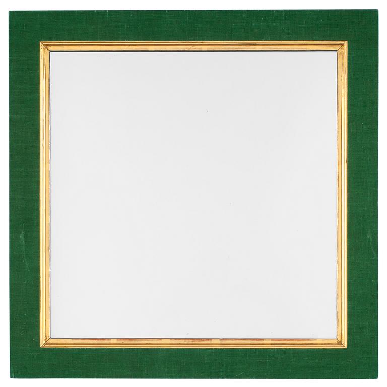 A mirror attributed to Estrid Ericson the frame with a frame covered green linen, by Firma Svenskt Tenn.