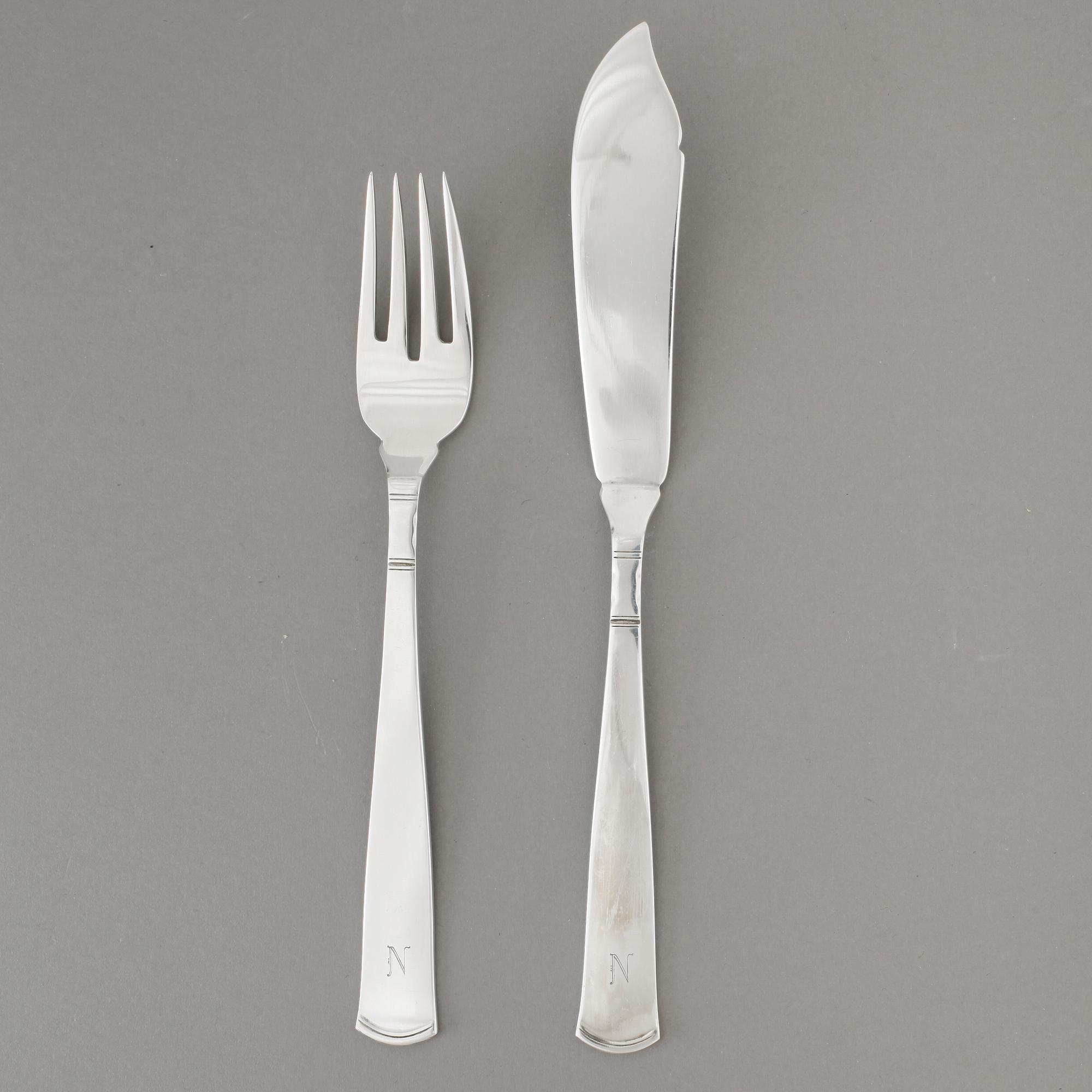 FISKBESTICK, 24 delar, silver, "Rosenholm", GAB. 1900-tal. total vikt ca 1010 gram.