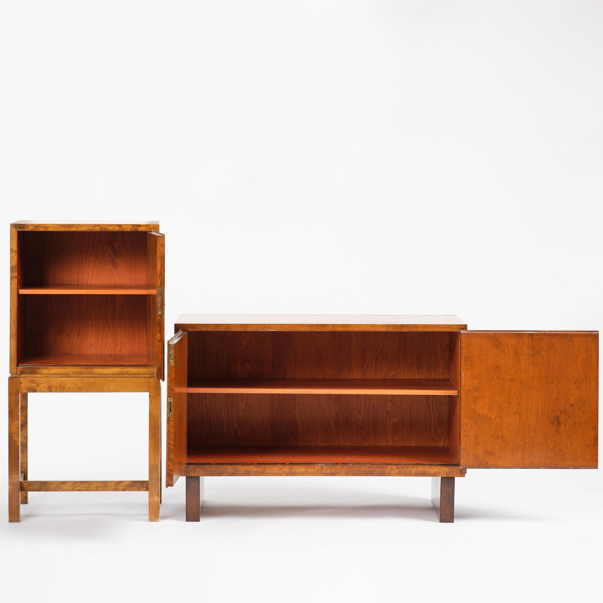 Hyresgästernas Möbelaffär, a set of two functionalist birch cabinets, Stockholm, 1930s.
