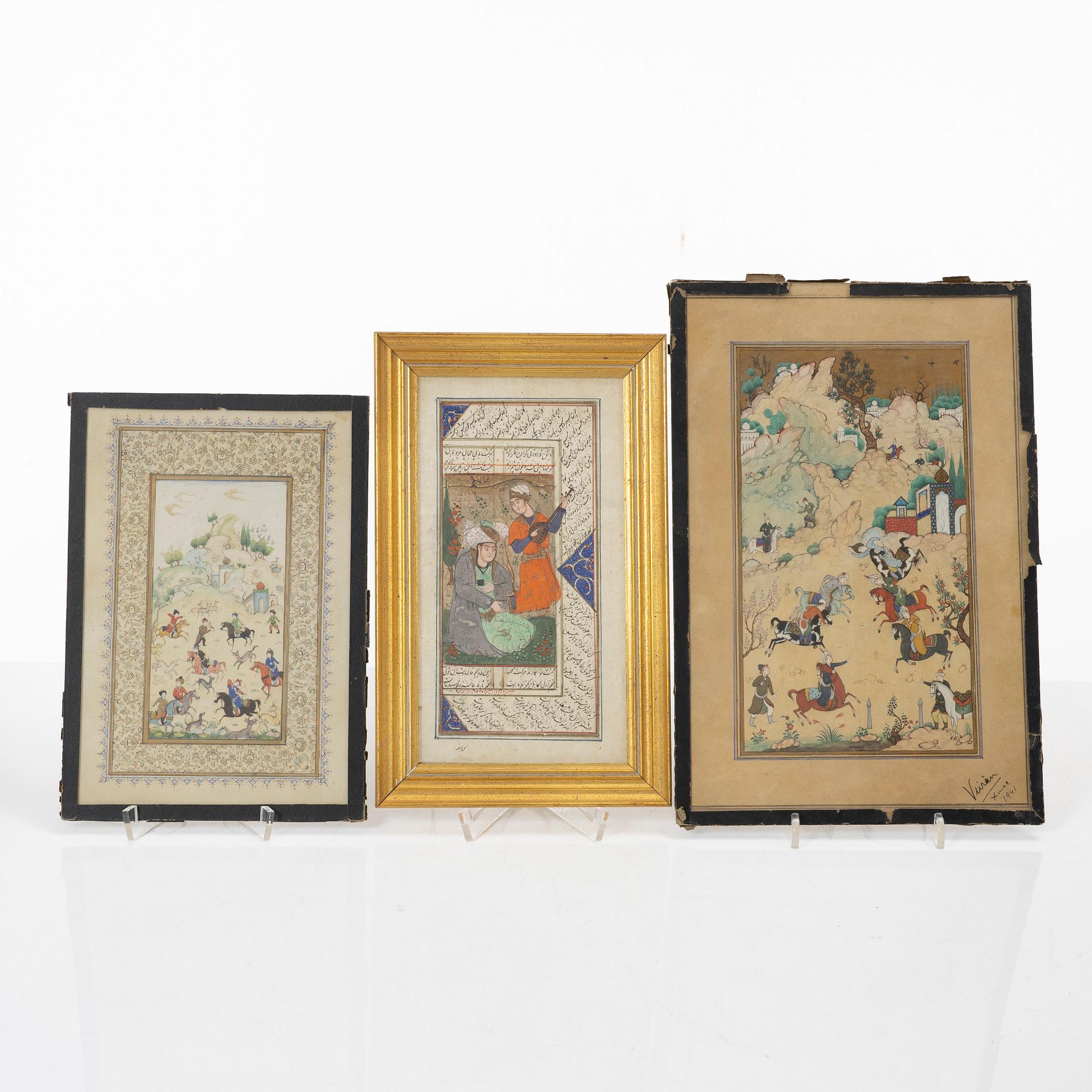 Manuskriptsidor/målningar, tre stycken, Persien/Iran, sen Qajardynasti / 1900-talets första del.