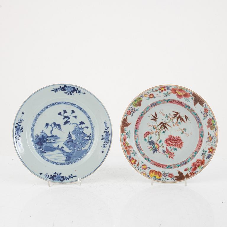 A Chinese bowl, two plates and three dishes, 18th century and later.