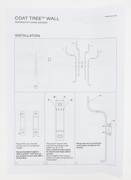 Klädhängare, "Coat Tree Wall",Sidse Werner, Fritz Hansen, Danmark.