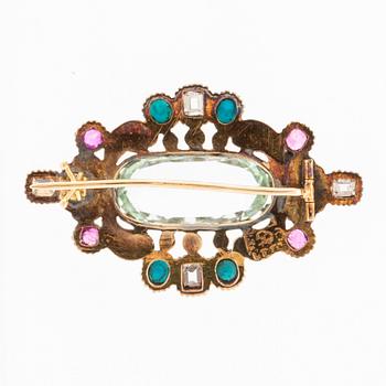 Giron & Löngren, Brosch med en akvamarin, diamanter, turkoser och rubiner, Stockholm 1832.