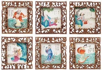 269. A group of six famille rose tiles, Qing dynasty, 19th Century.