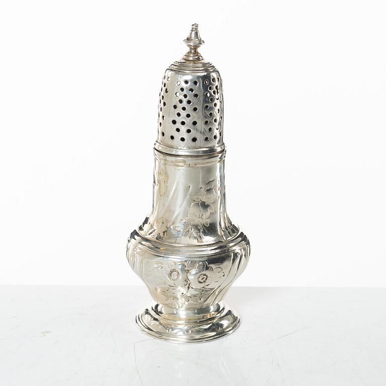 An English Rococo silver caster, mark of Samuel Smith III, London 1754.